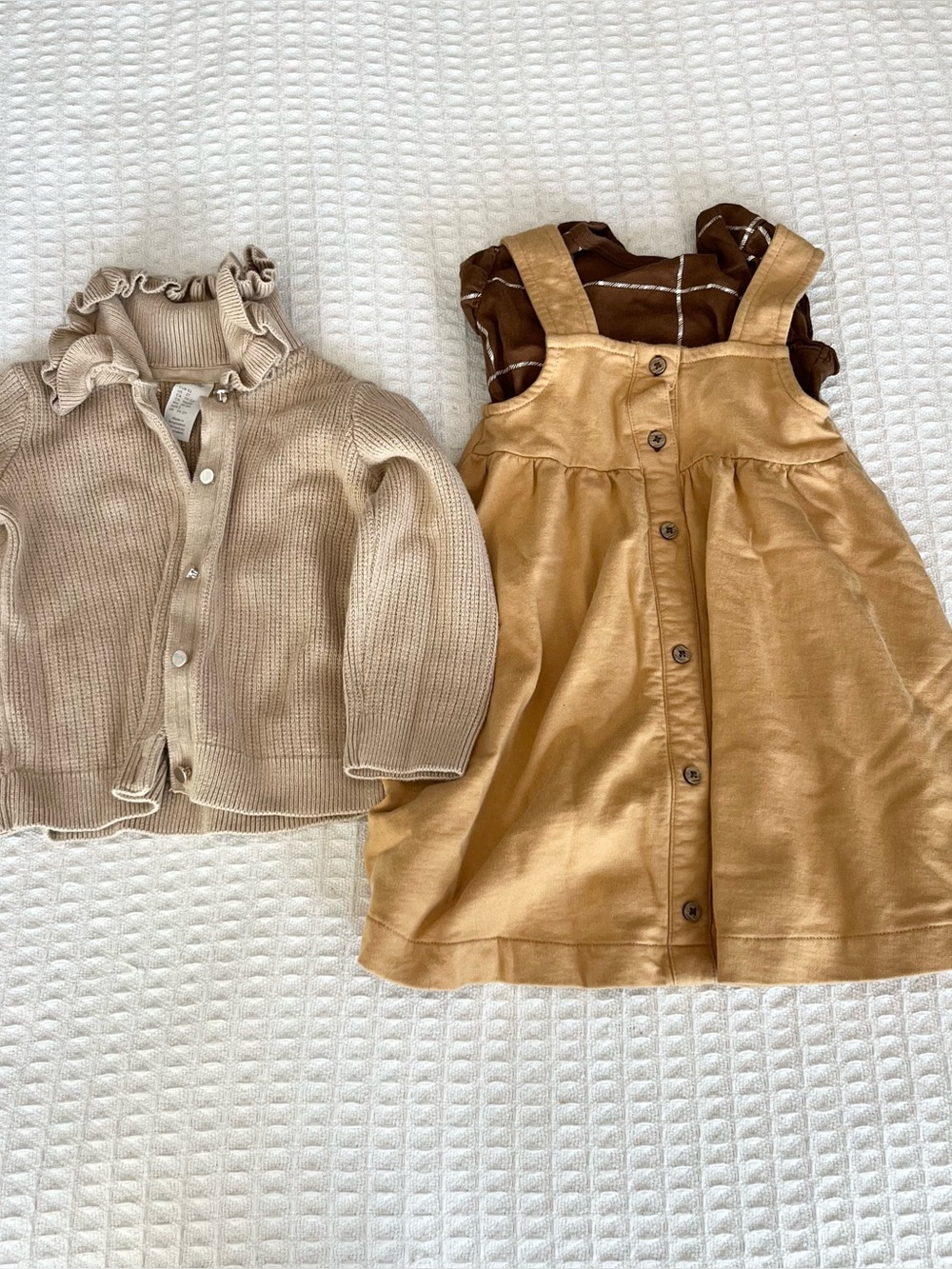 Kids Beige Cardigan & Tan Pinafore Dress Set 2T